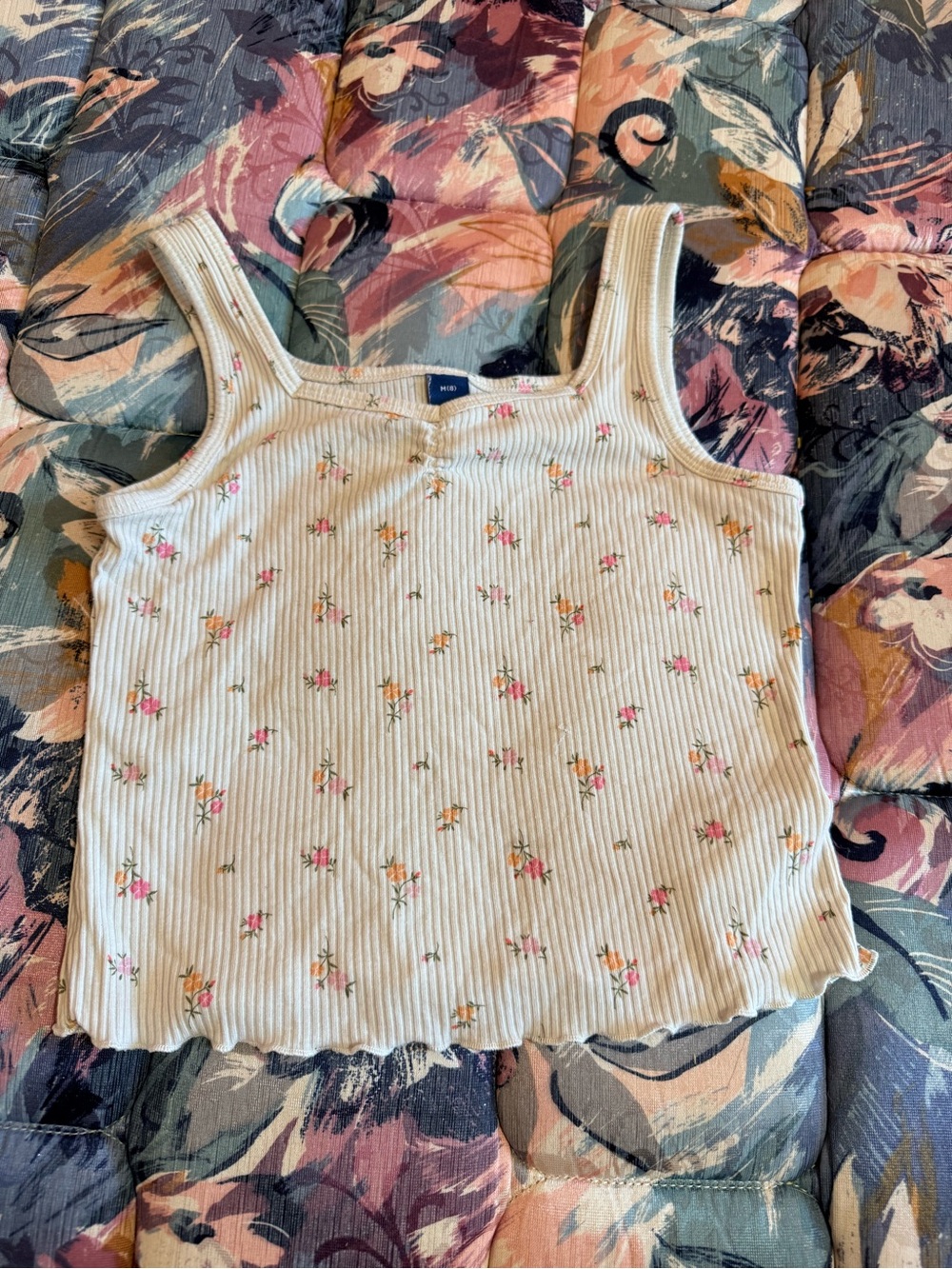 Old Navy Cream Ribbed Tank with Pink and Yellow Floral Print